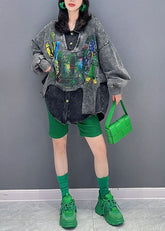 Schwarzes Patchwork-Jeanstop mit Peter-Pan-Kragen, falscher Zweiteiler, lange Ärmel